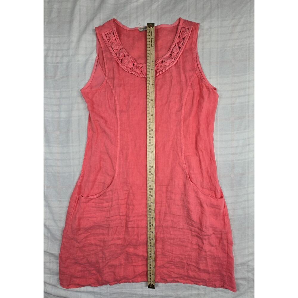 Lungo L'arno Sleeveless Shift Dress 3D Floral Neckline Pockets 100% Linen Pink L - Picture 4 of 8